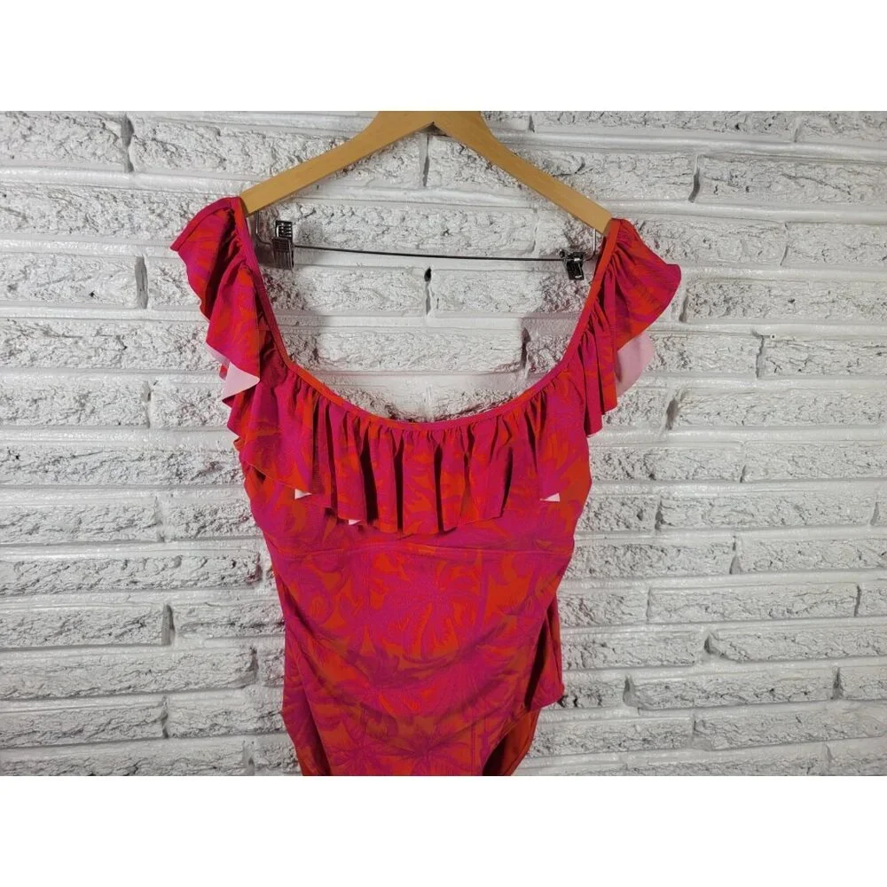 Mynah Womens Swimsuit XXL One Piece Open Back Pink Tropical Ruffle FLO69E